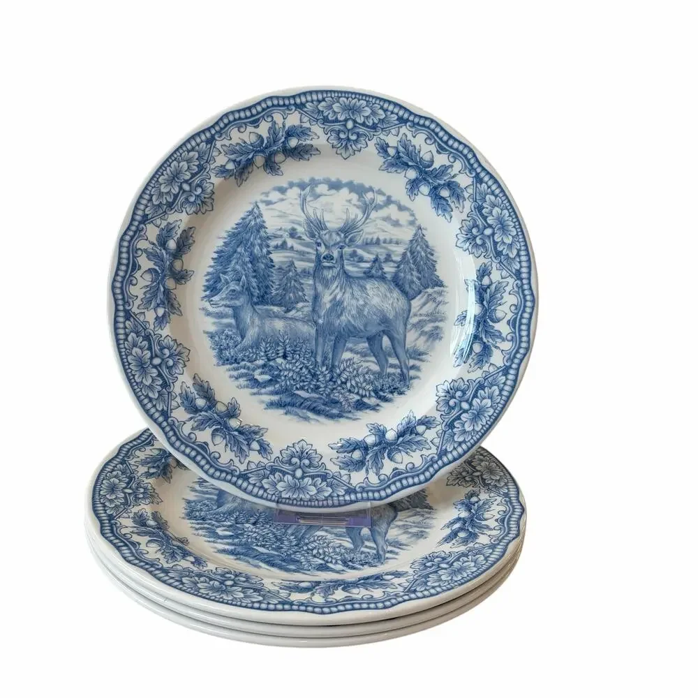 Royal Stafford Homeland STAG Dinner Plates 11in Set of 4 Blue Thanksgiving NEW